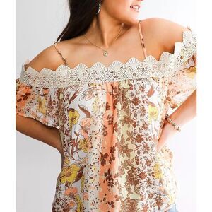 MISS ME Cold Shoulder Top coral multicolor BoHo top women's small NEW